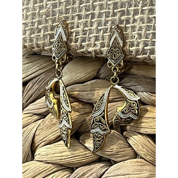 Damascene Asymmetrical Made in Spain 2" Dangle Black Silver Gold Victorian Goth - Picture 2 of 7